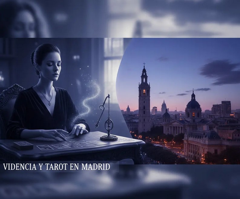 vidente tarot mesa y paisaje ciudad